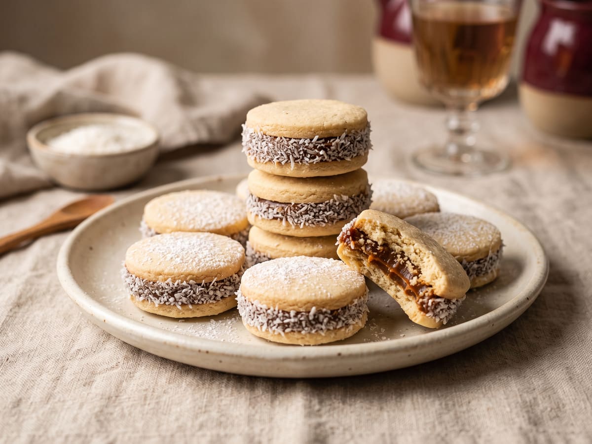 Alfajores de maicena rellenos de arequipe con borde de coco