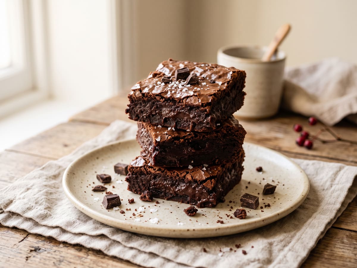 Brownies húmedos de chocolate cortados en cuadros