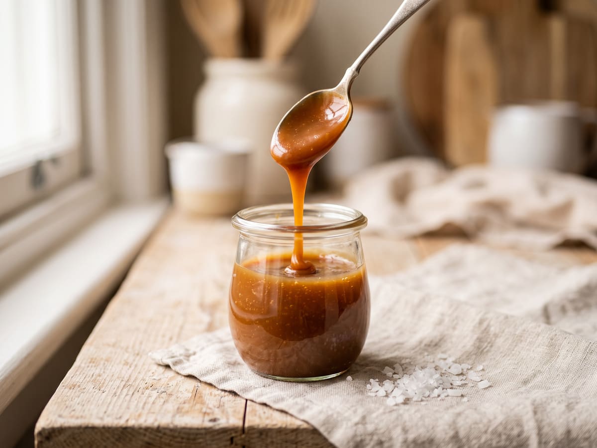 Salsa de caramelo salado cayendo desde una cuchara