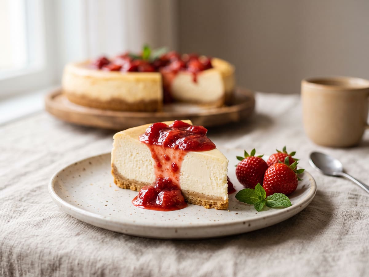 Porción de cheesecake de fresa con salsa de fresa encima