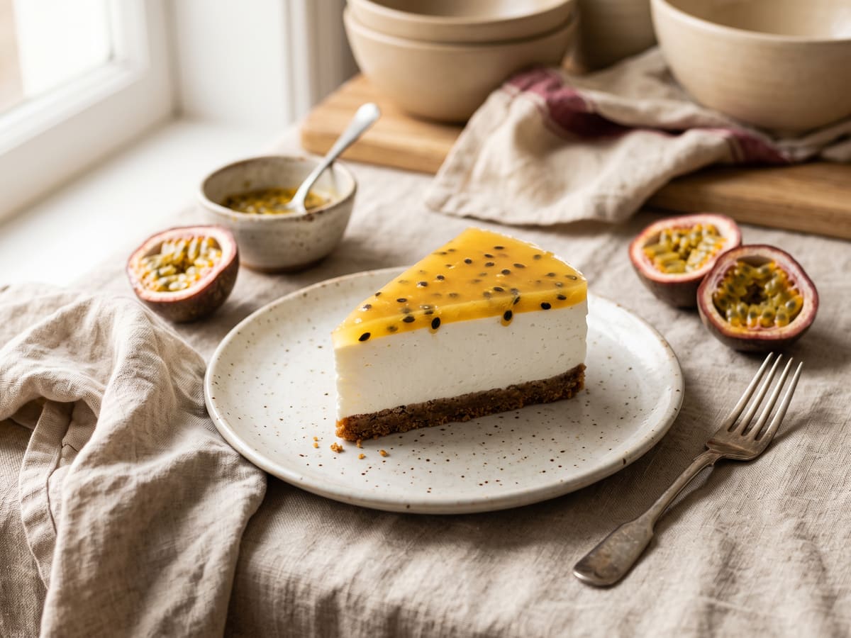Cheesecake de maracuyá sin horno con cobertura brillante de pulpa