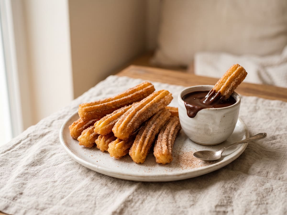 Churros caseros con azúcar y una taza de chocolate