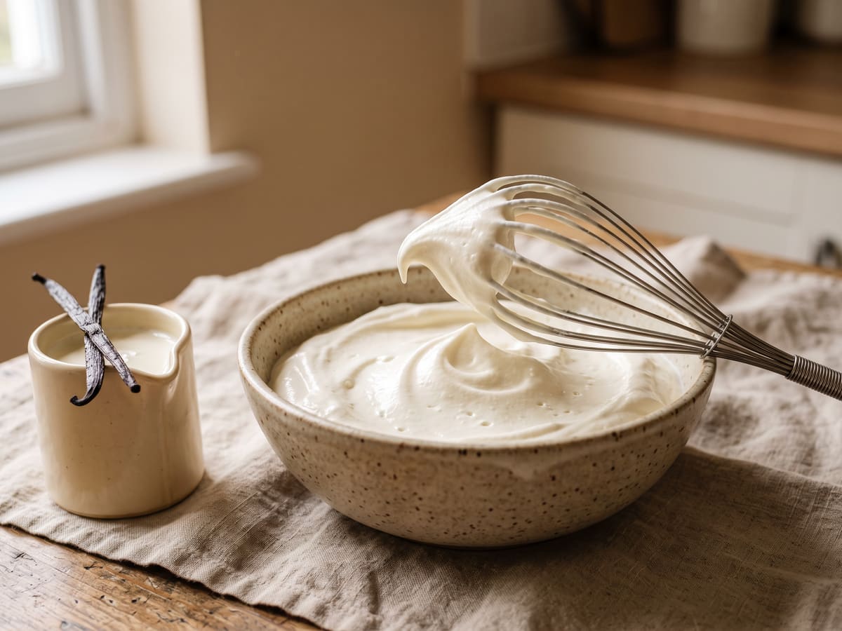 Crema chantilly montada en un bol con batidor