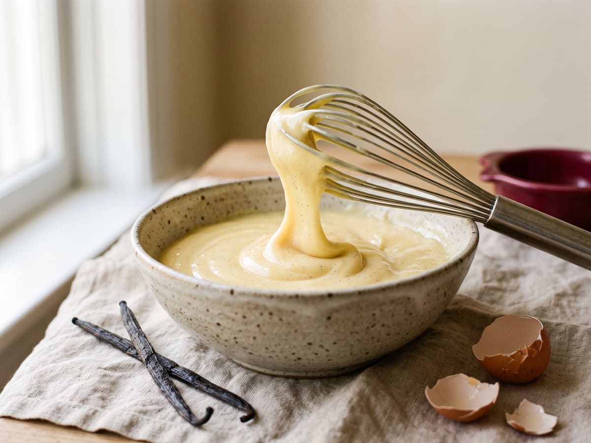Crema pastelera brillante en un bol
