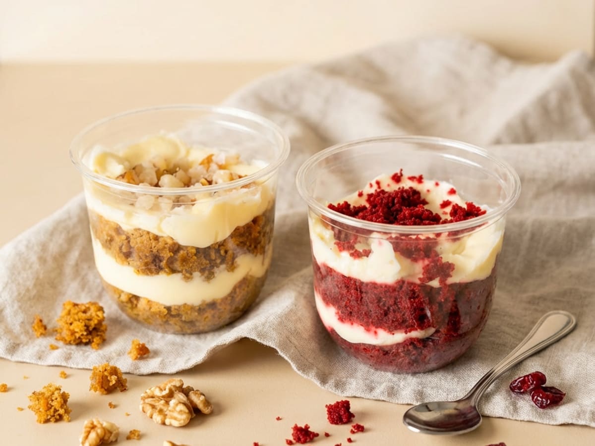 Vaso con capas de torta de zanahoria, crema y crumble de nueces