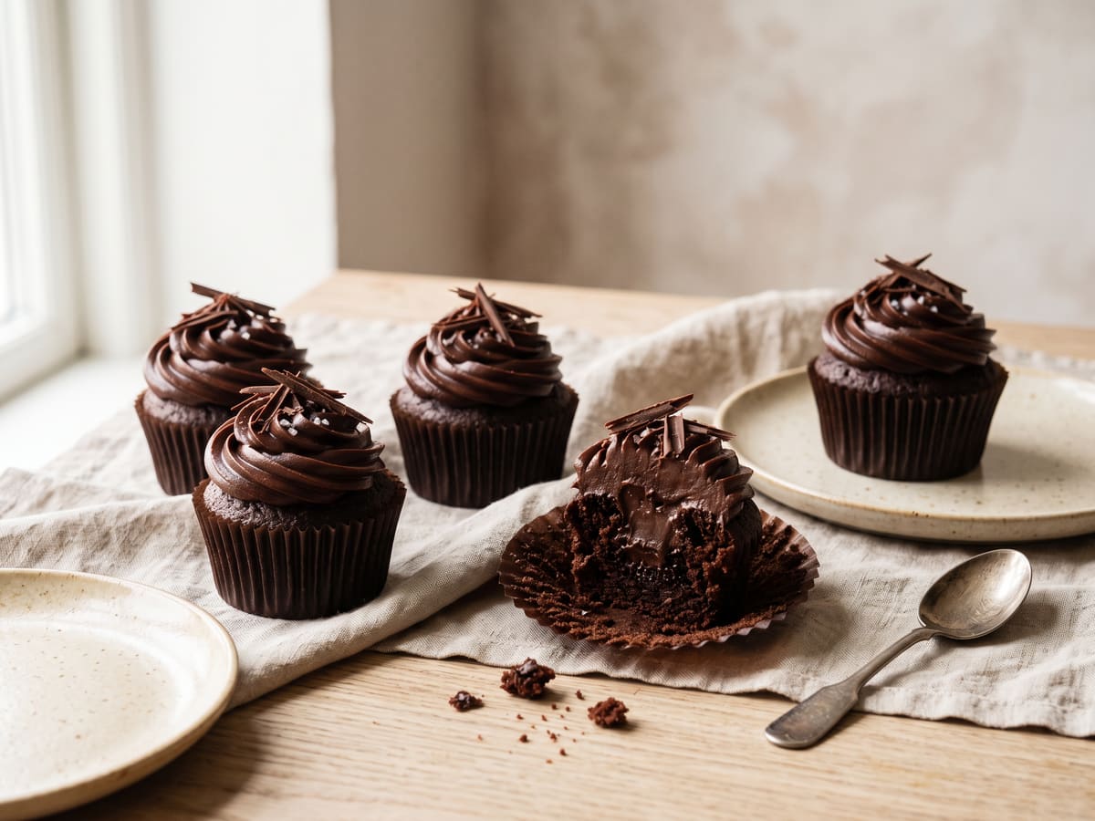 Cupcakes de chocolate decorados con ganache montada