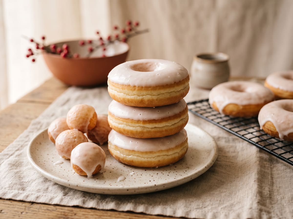 Donas caseras glaseadas apiladas en un plato