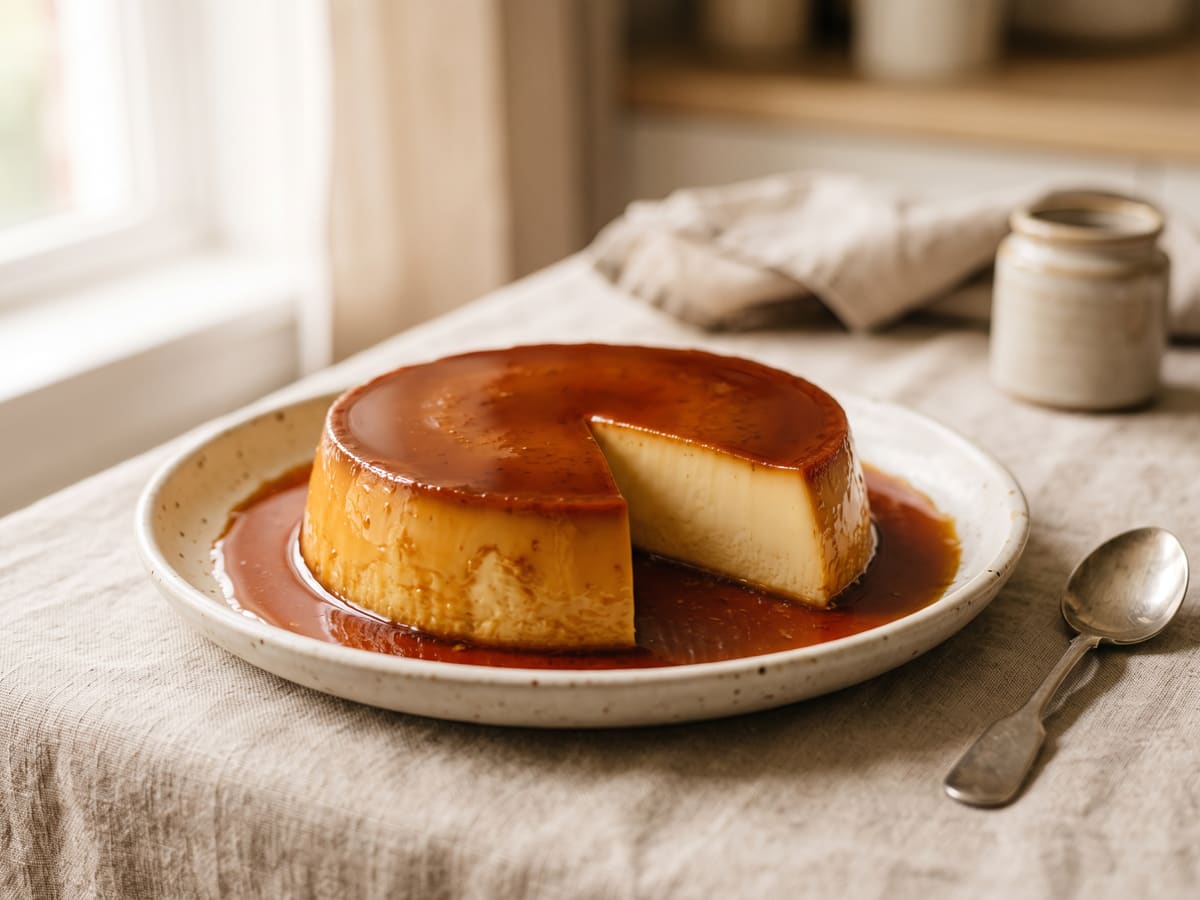 Flan de caramelo desmoldado con salsa de caramelo alrededor