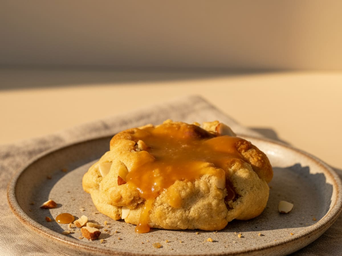 Galleta con caramelo por encima y trozos de nuez