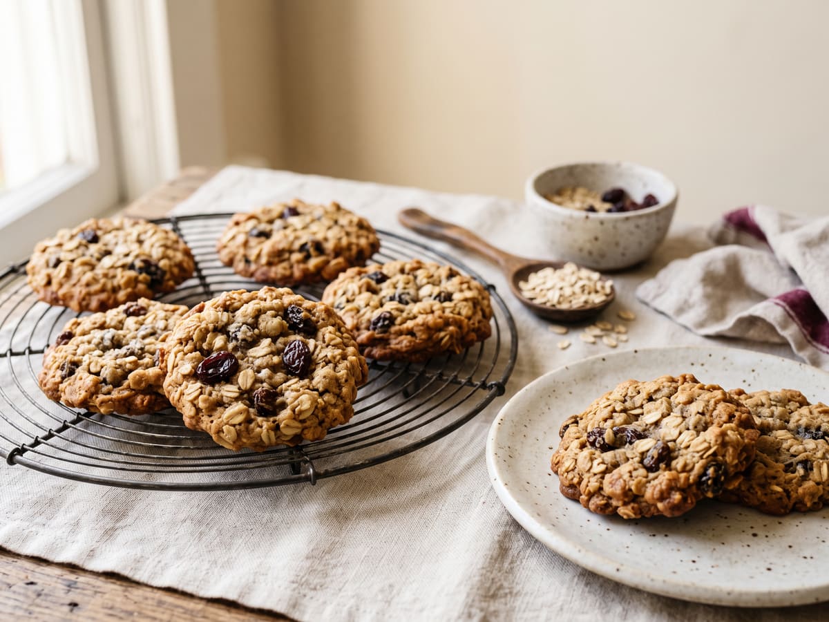 Galletas de avena con pasas sobre una rejilla