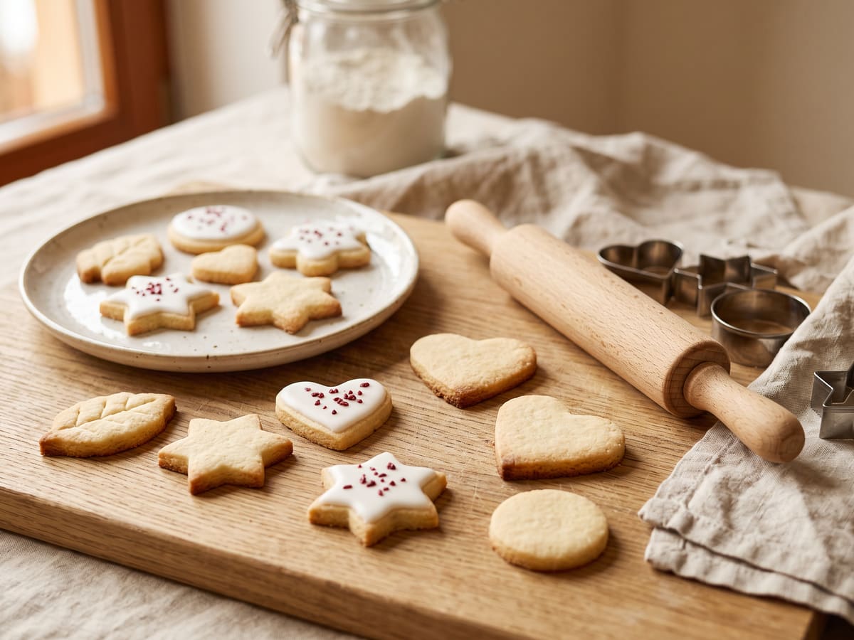 Galletas de mantequilla cortadas en formas, listas para decorar