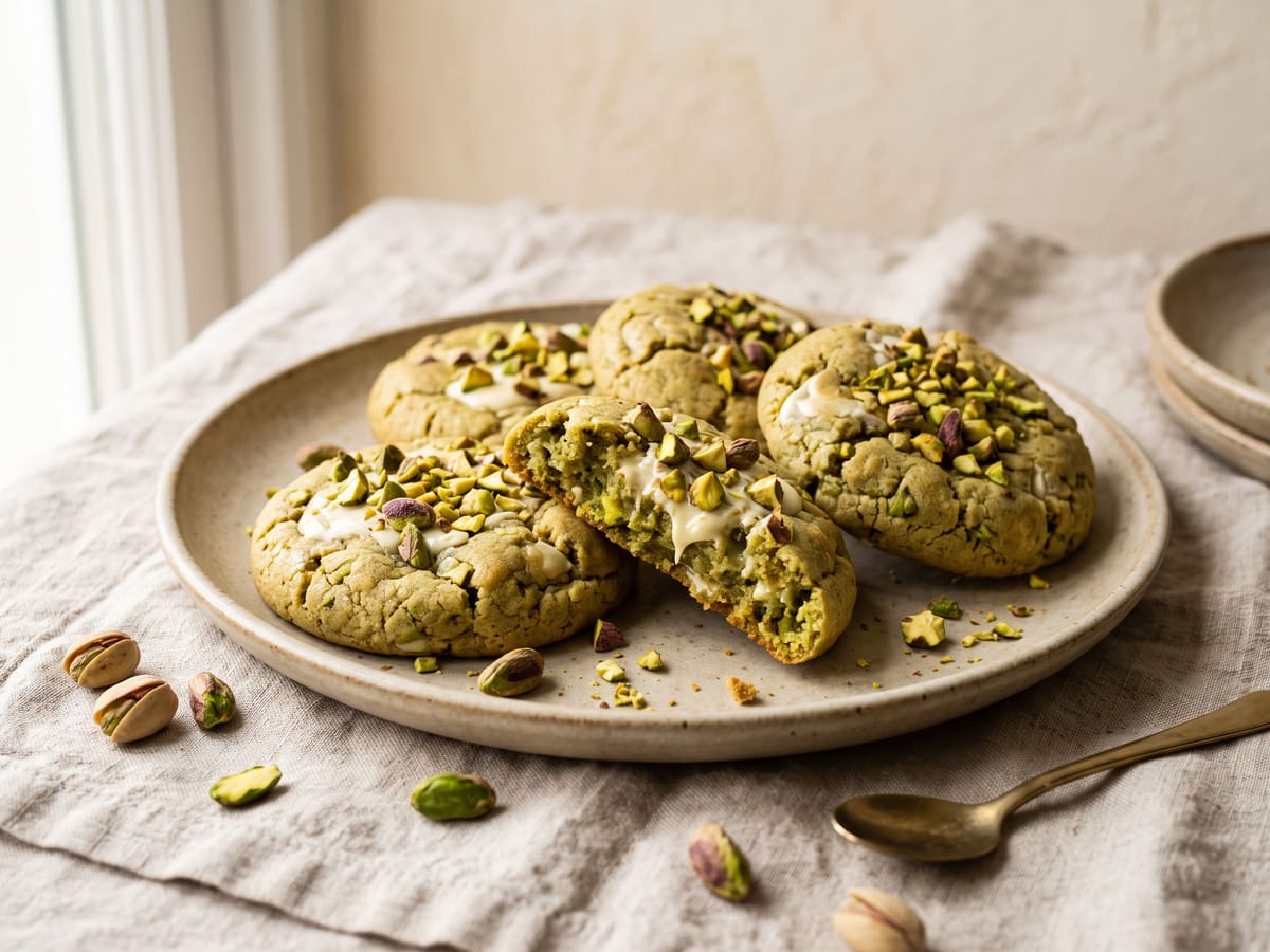 Galletas de pistacho con trozos de pistacho picado encima