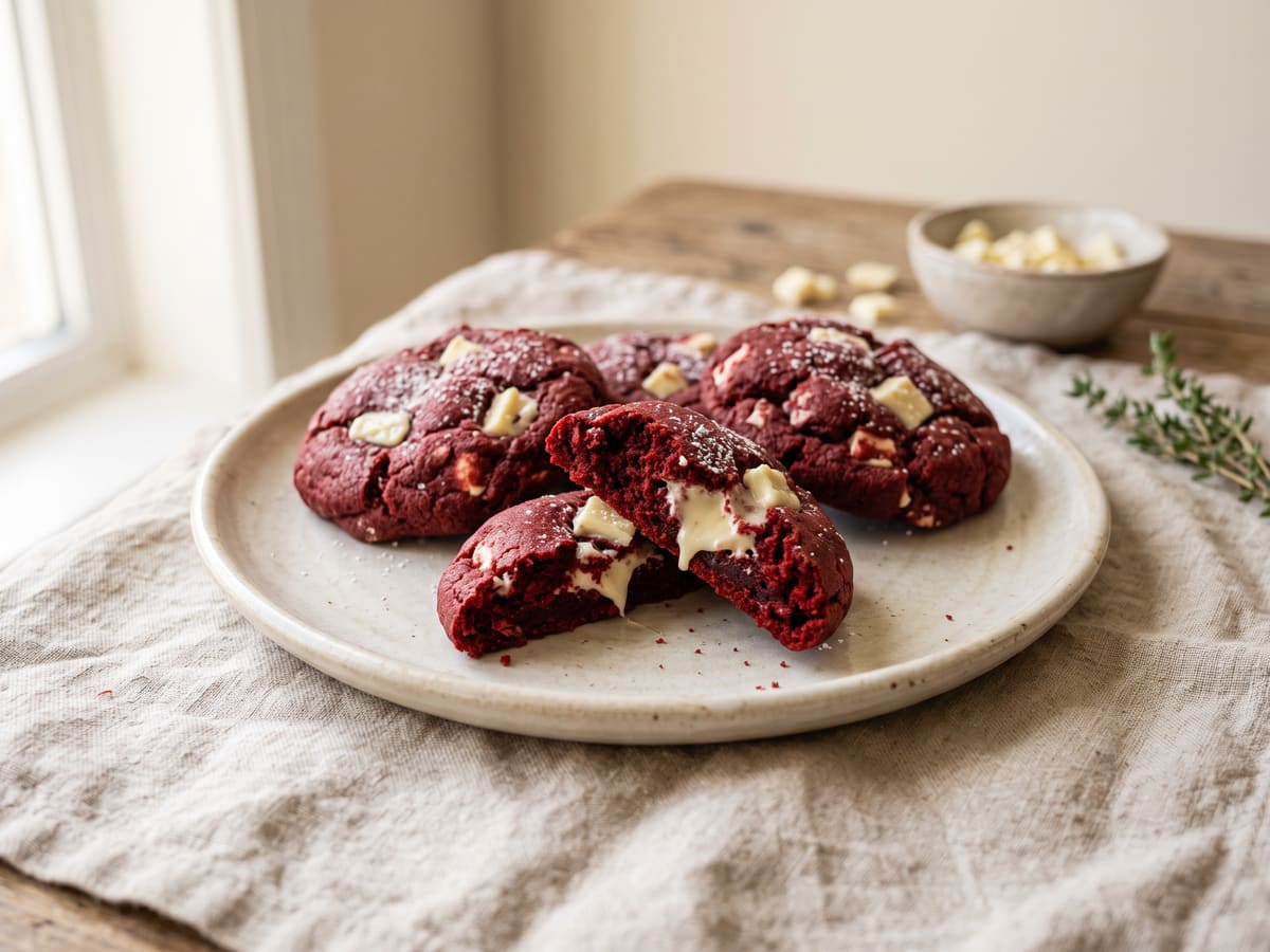 Galletas red velvet rojas con trozos de chocolate blanco