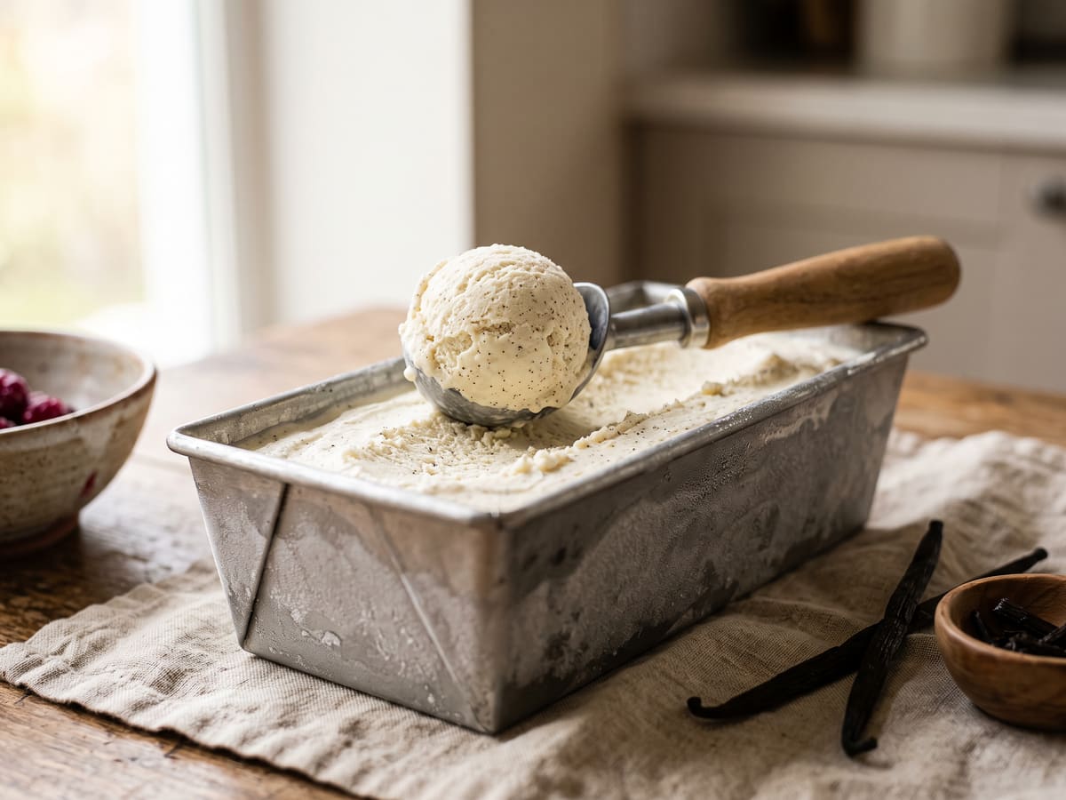 Bolas de helado casero de vainilla en un recipiente