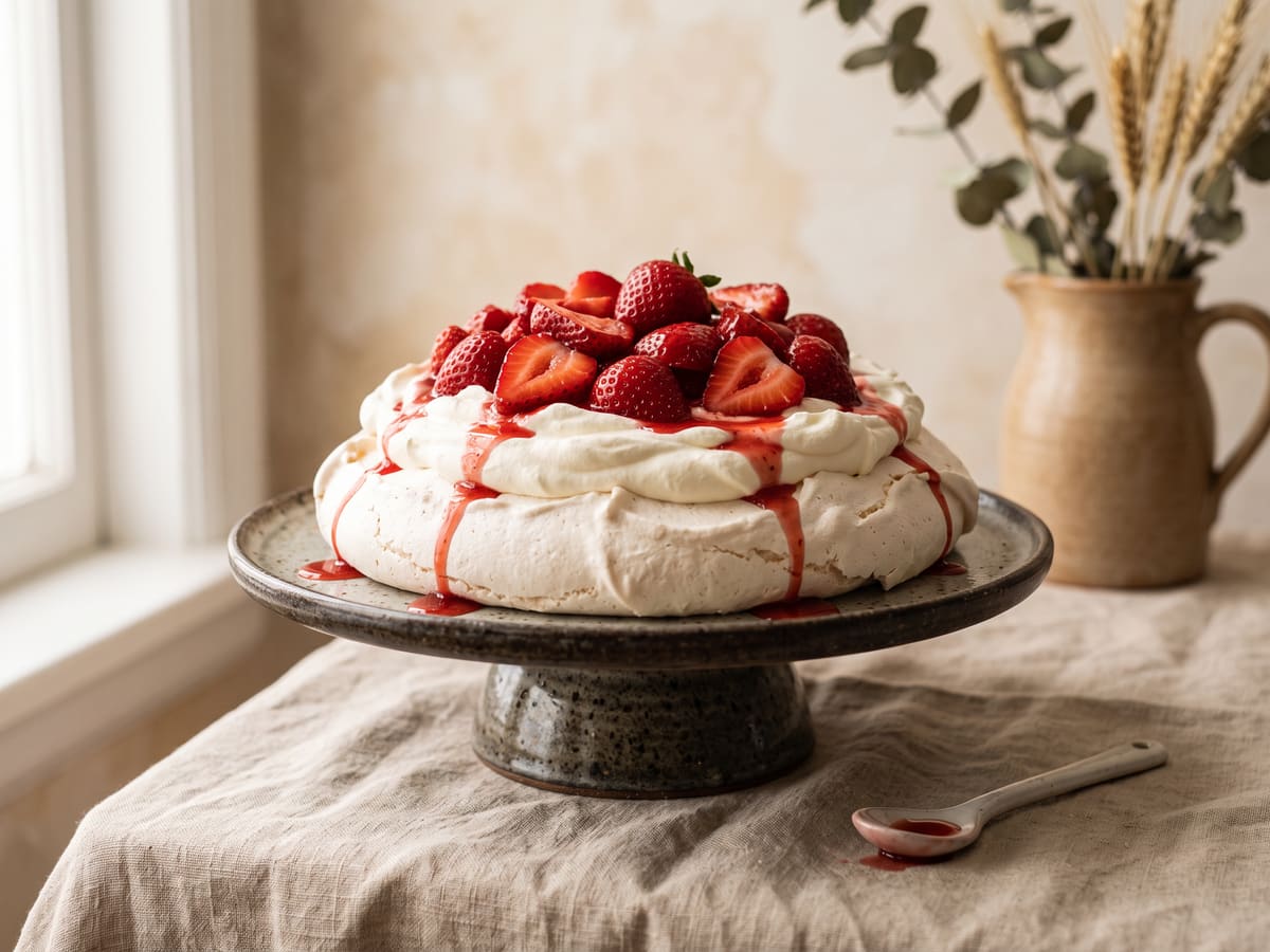 Merengón de fresas con crema y fruta fresca encima