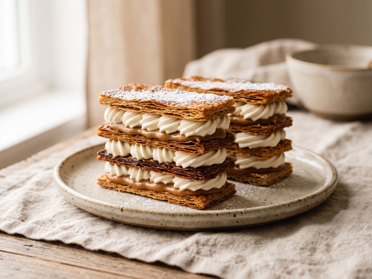 Milhojas con capas de hojaldre, arequipe y crema