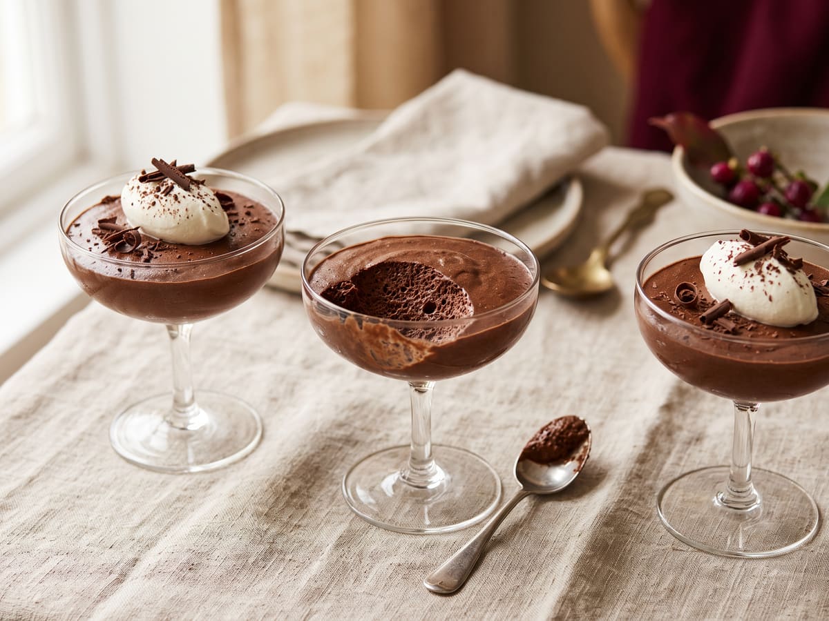 Copas de mousse de chocolate con crema y virutas