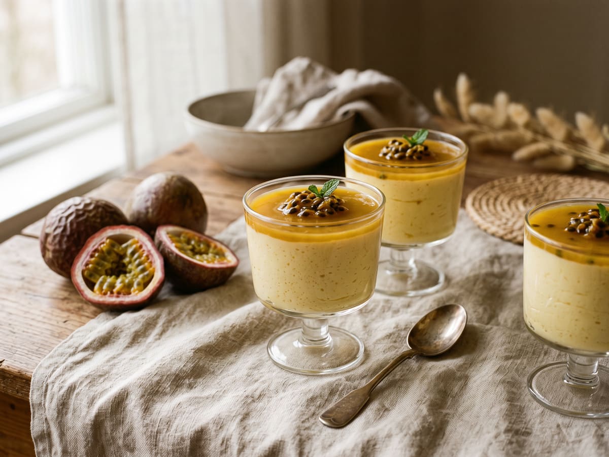 Copas de mousse de maracuyá con pulpa y semillas encima
