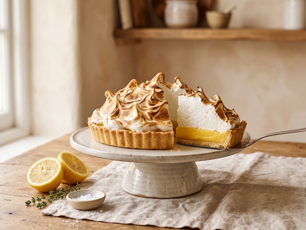Porción de pie de limón con merengue dorado