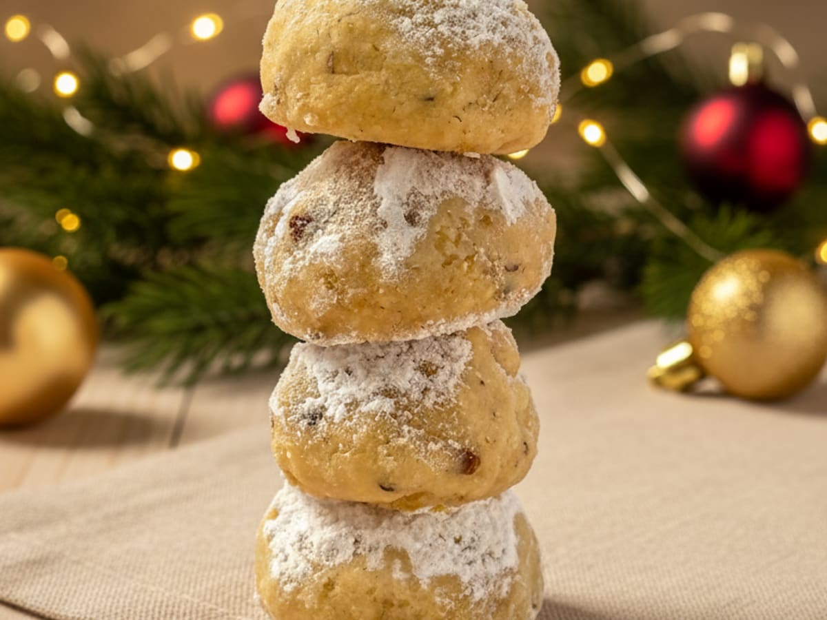 Polvorosas de nueces cubiertas de azúcar pulverizada apiladas