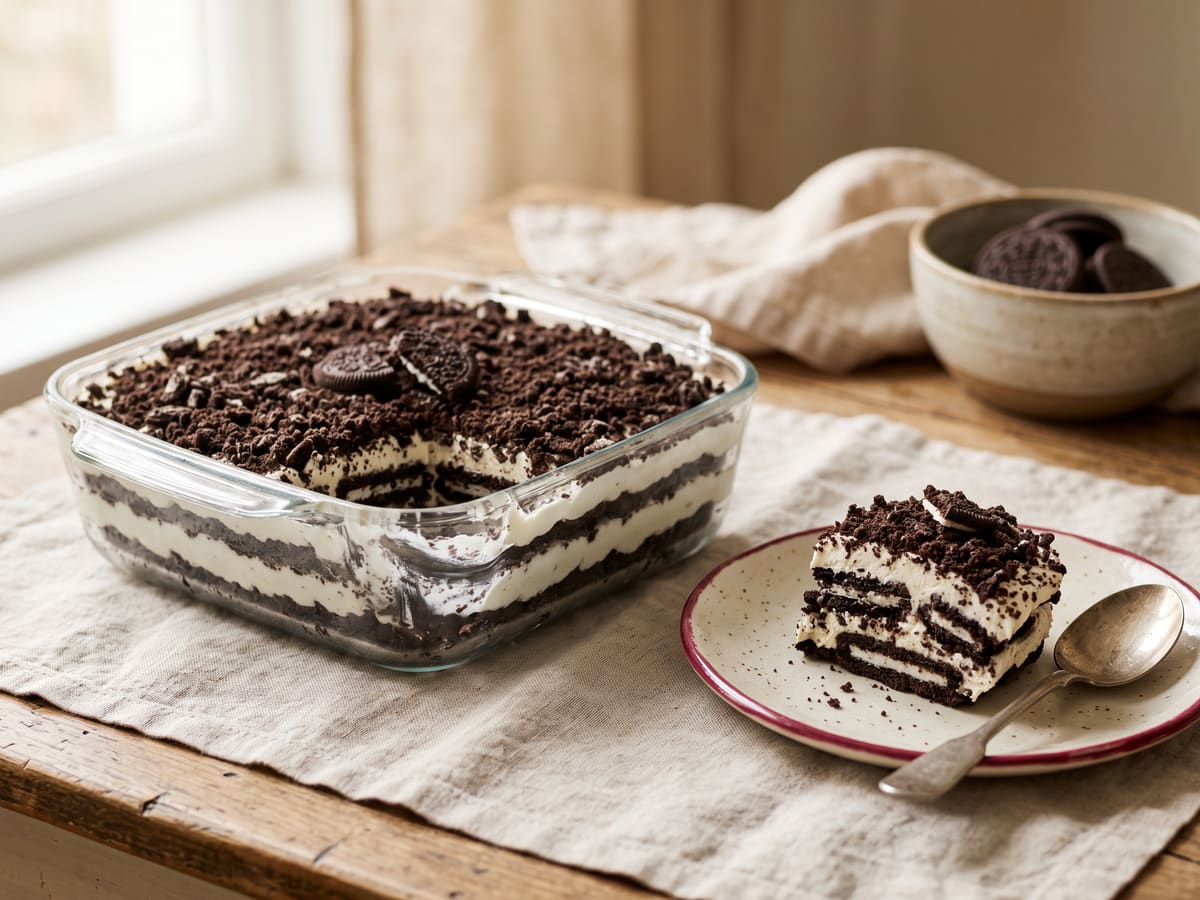 Postre de galletas de chocolate y crema por capas