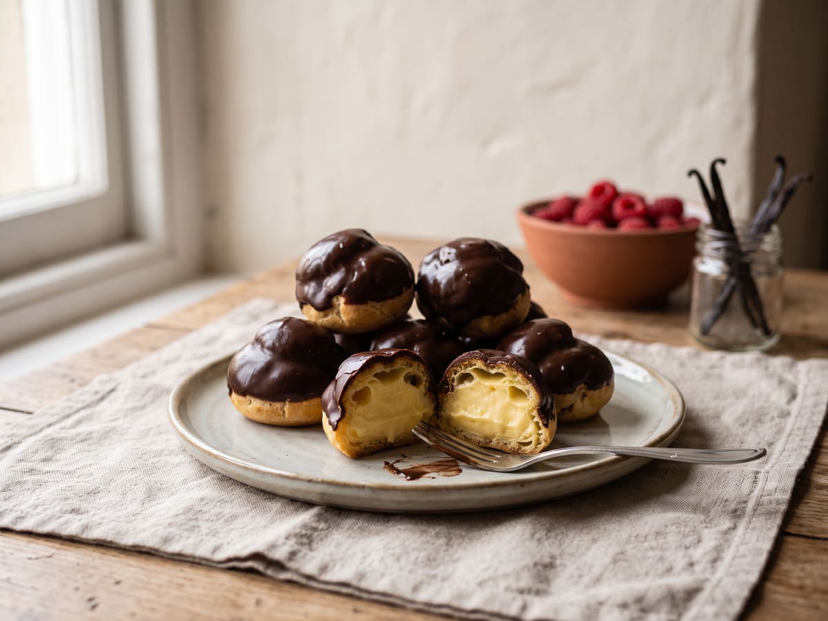 Profiteroles bañados en chocolate en un plato