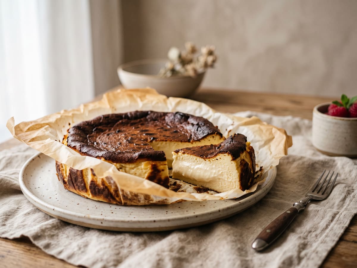 Tarta de queso vasca con la superficie quemada y el centro cremoso