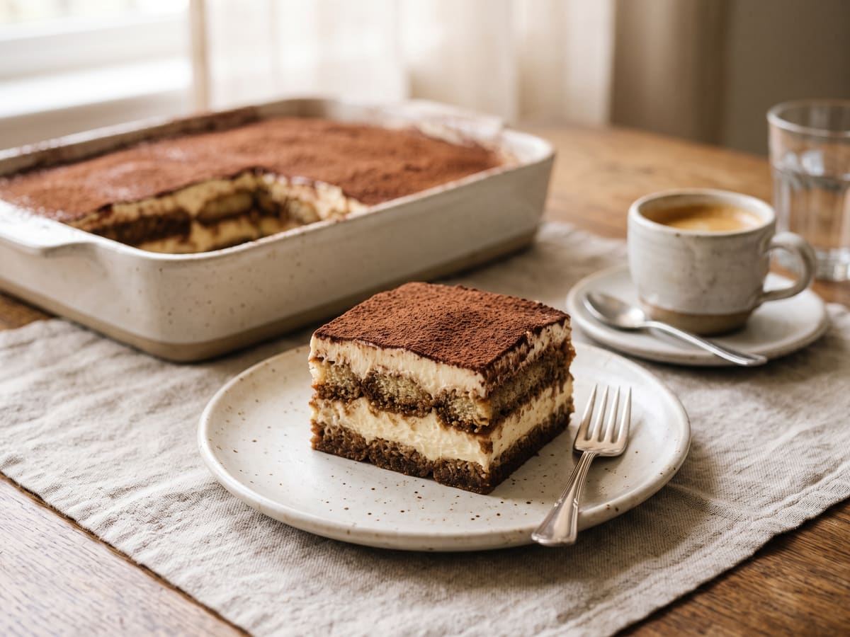 Porción de tiramisú con capas visibles y cacao espolvoreado
