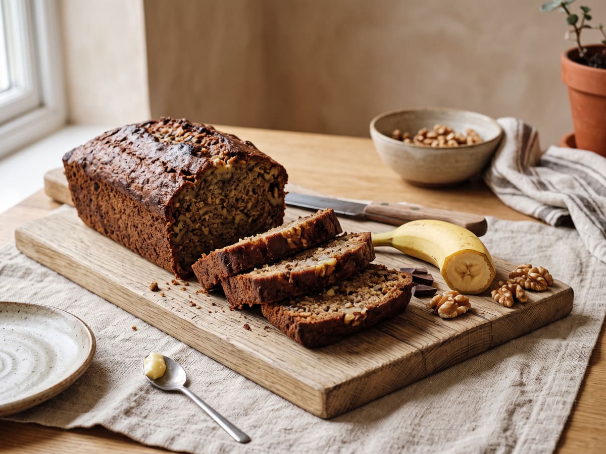 Torta de banano casera en molde rectangular, cortada en tajadas