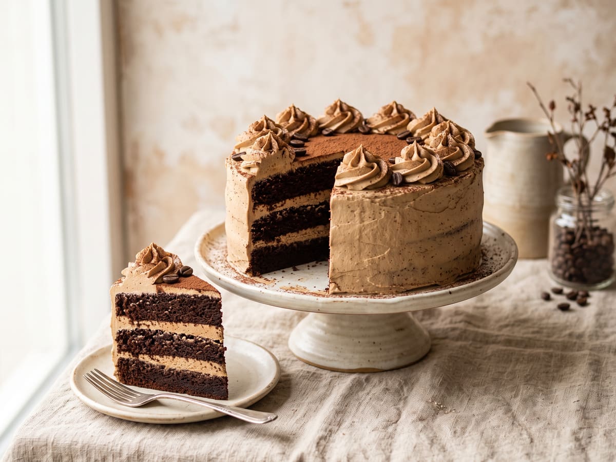 Torta de café y chocolate en capas con buttercream de café