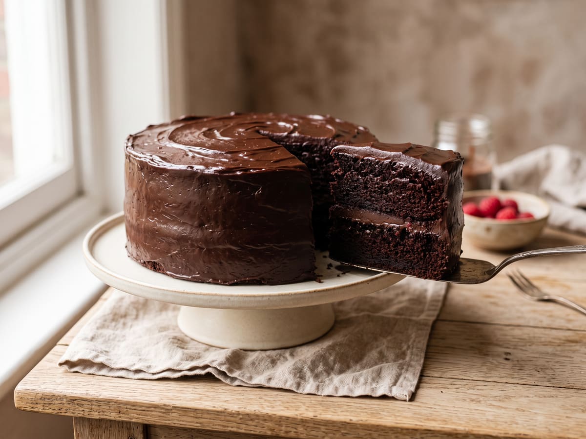 Torta de chocolate húmeda en capas cubierta con ganache