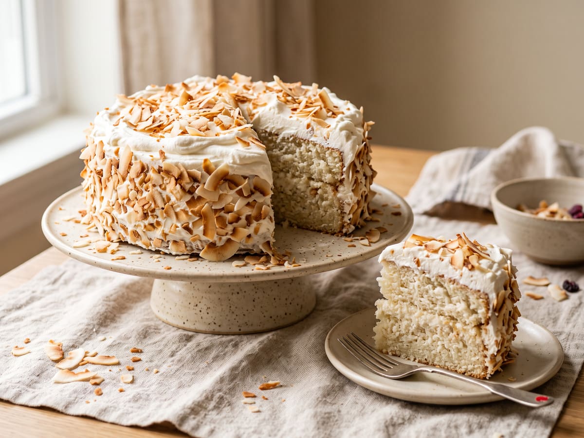 Torta de coco cubierta de coco tostado