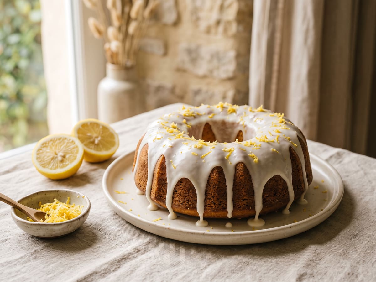 Torta de limón con glaseado blanco y ralladura encima