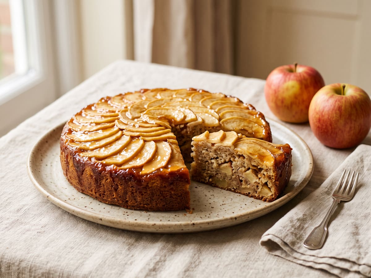 Torta de manzana con láminas de fruta en abanico y brillo de mermelada