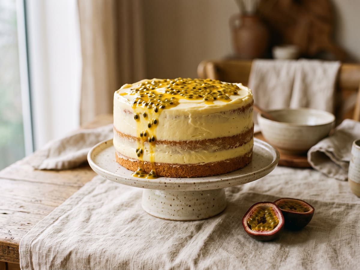 Torta de maracuyá con cobertura cremosa amarilla