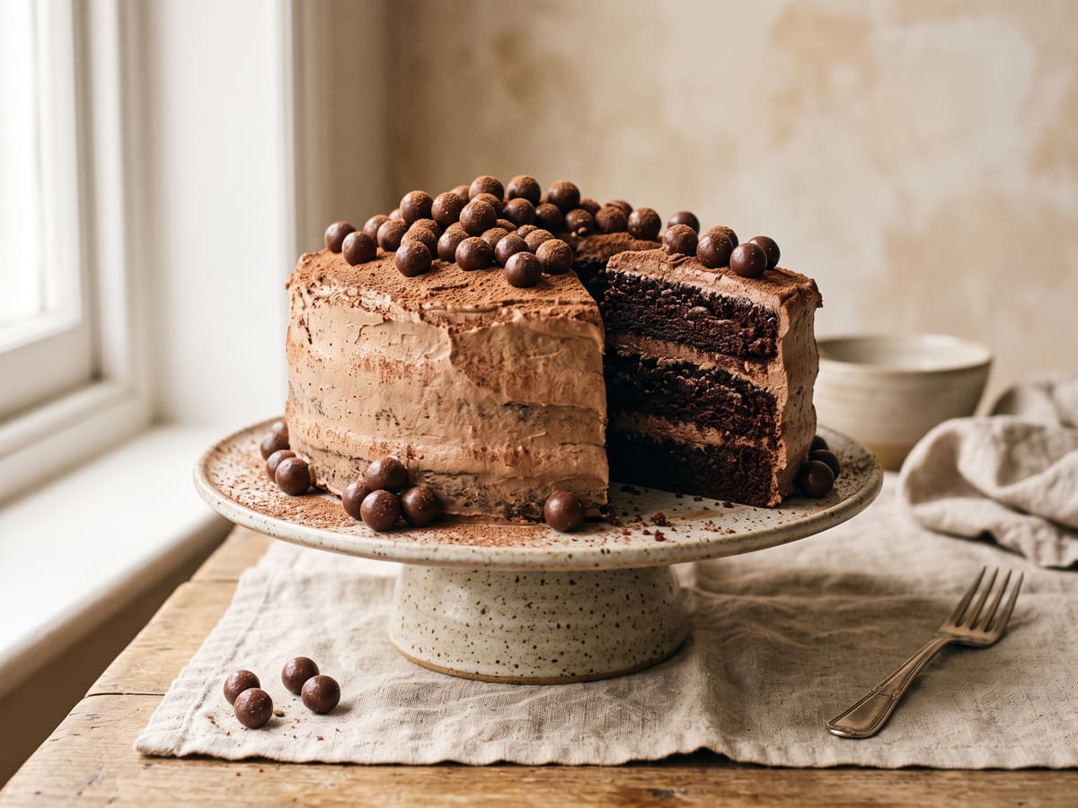 Torta de Milo con cobertura cremosa y topping crocante