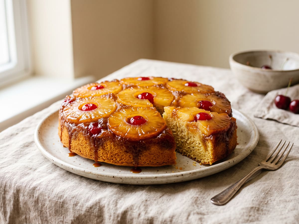 Torta de piña volteada con rodajas caramelizadas encima