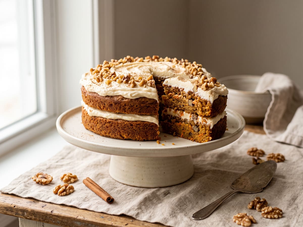 Torta de zanahoria en capas cubierta con frosting de queso crema