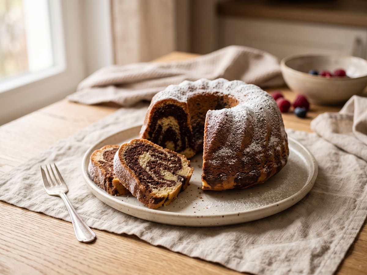 Torta marmoleada de vainilla y chocolate en molde de corona