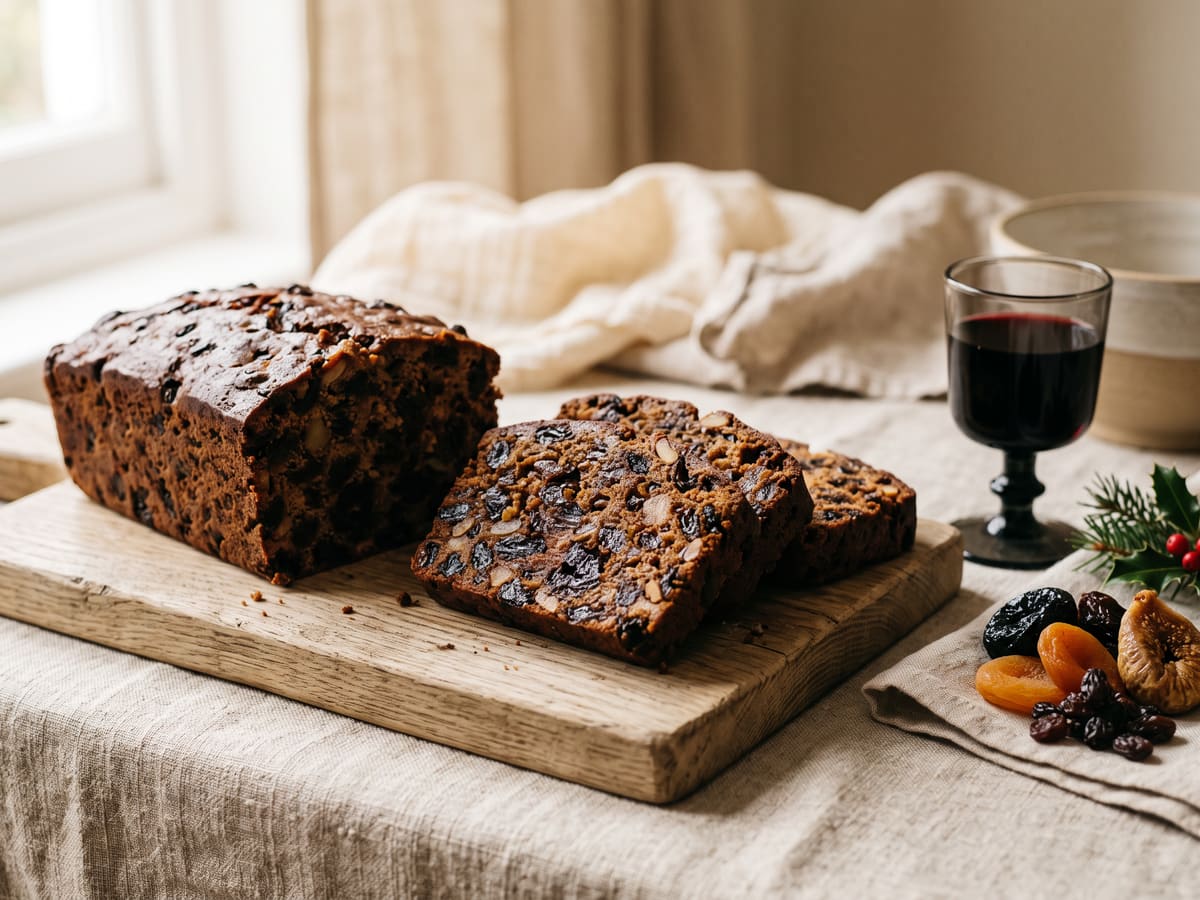 Torta negra colombiana en rebanadas, con frutas visibles