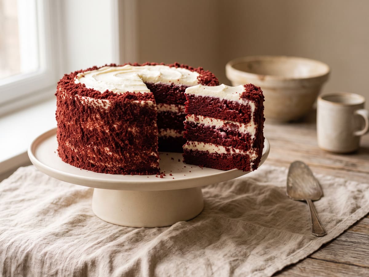 Torta red velvet en capas con frosting de queso crema