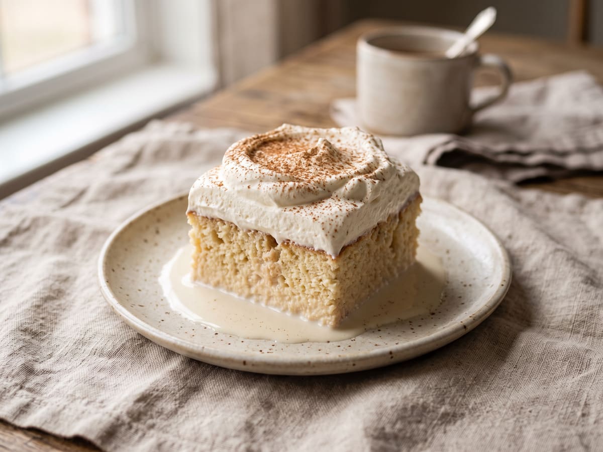 Porción de torta tres leches con crema chantilly y canela