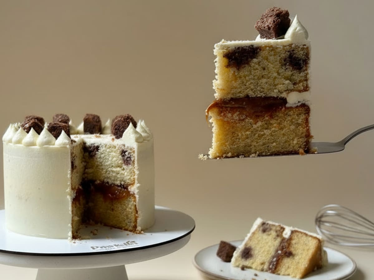 Torta de vainilla en capas con relleno de mermelada y cobertura blanca